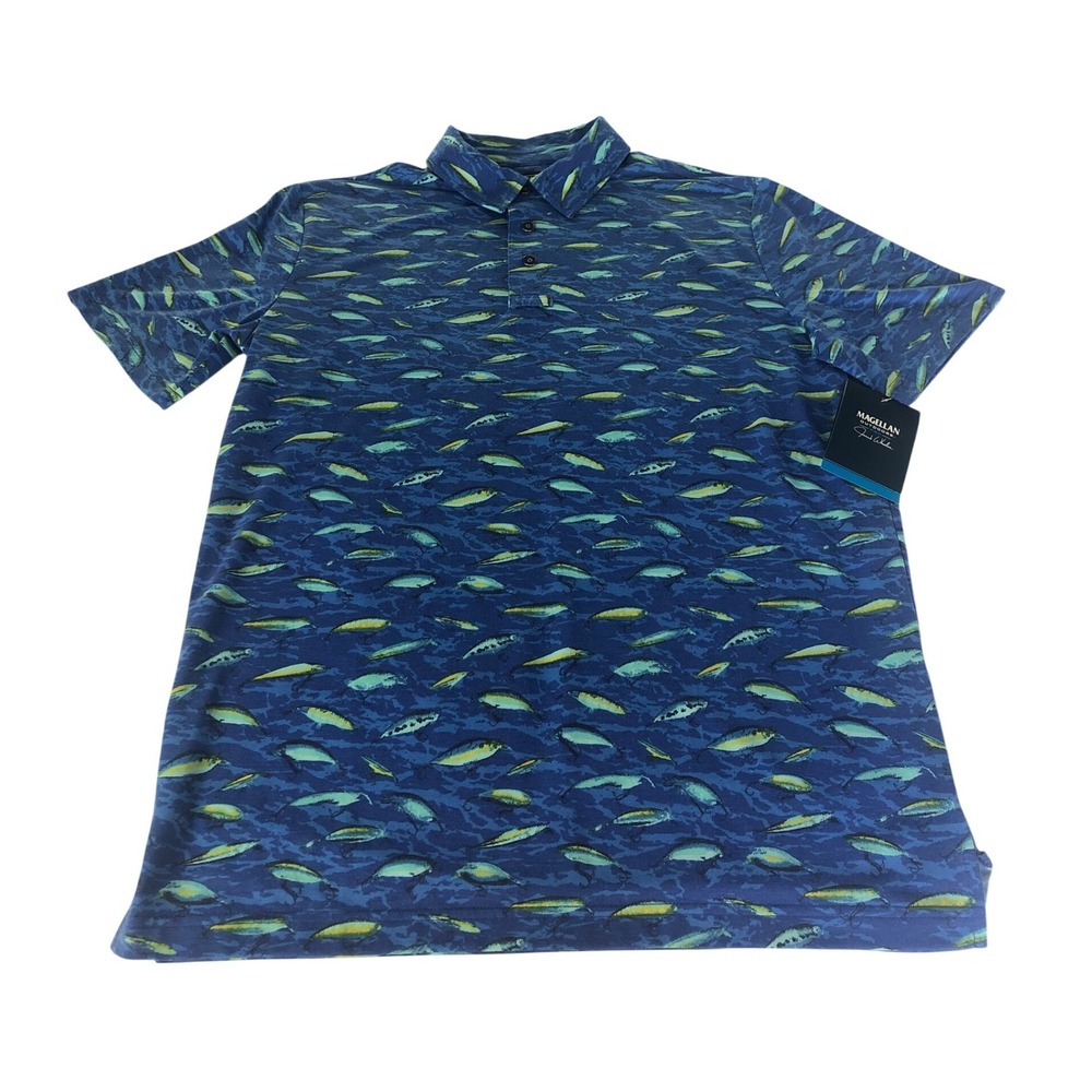 Magellan Outdoors Pro Print Short Sleeve Fishing Polo Shirt Men's Size M Blue